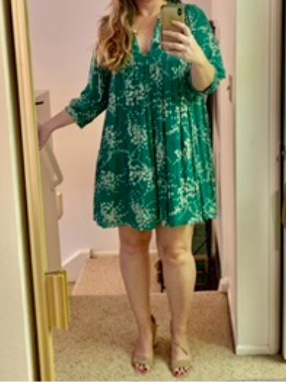 Ba&sh Green Floral V-Neck Swing Dress
